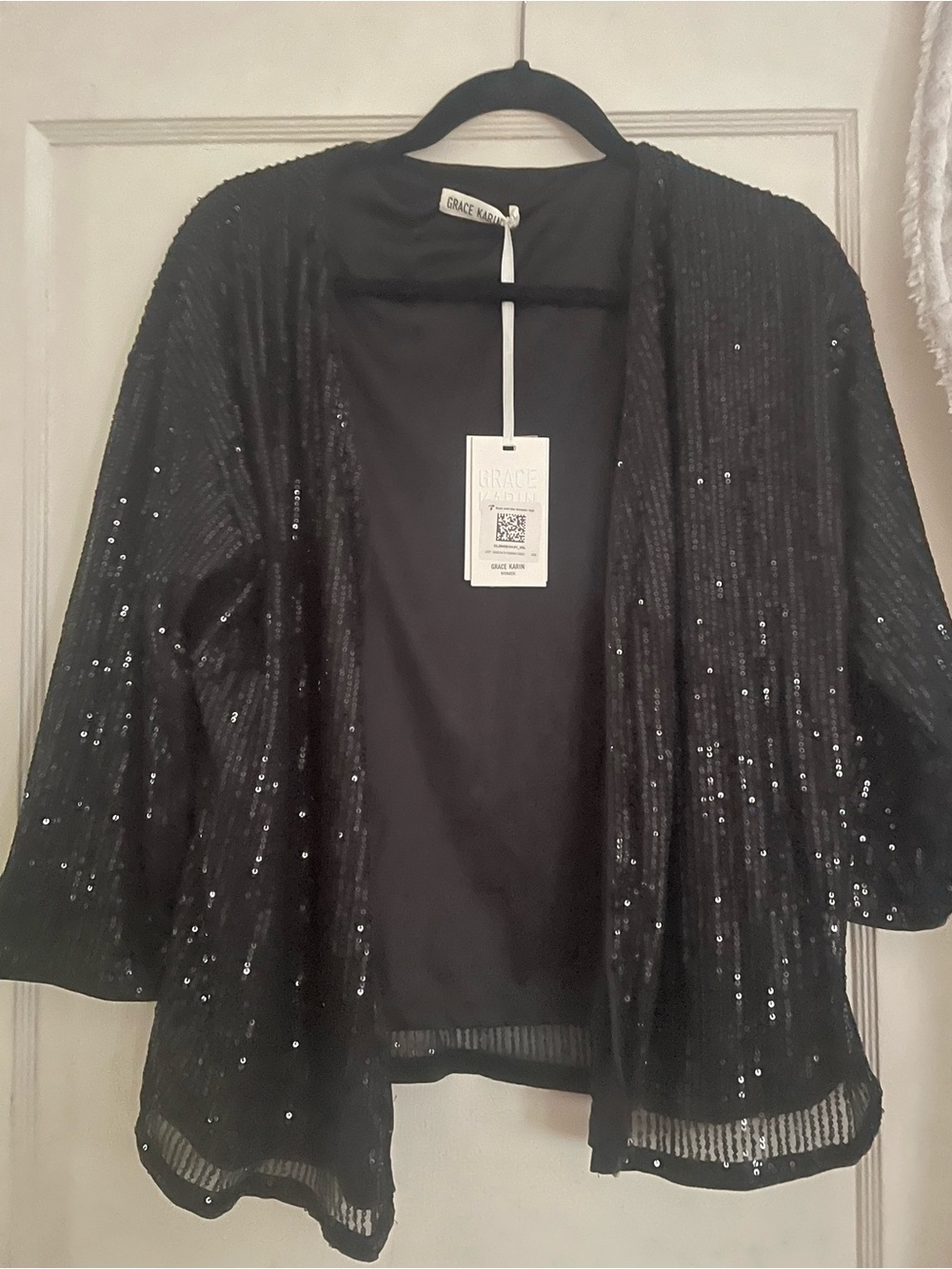 Grace Karin Black Sequin Open-Front Cardigan